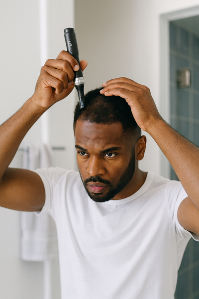 Man applies At Home Hair Therapy by Nina Ross 